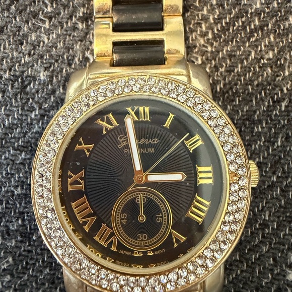 Geneva Platinum 4967 S/S Back Black Gold Tone Bling Bezel Japan Movt Black Face - Picture 2 of 5